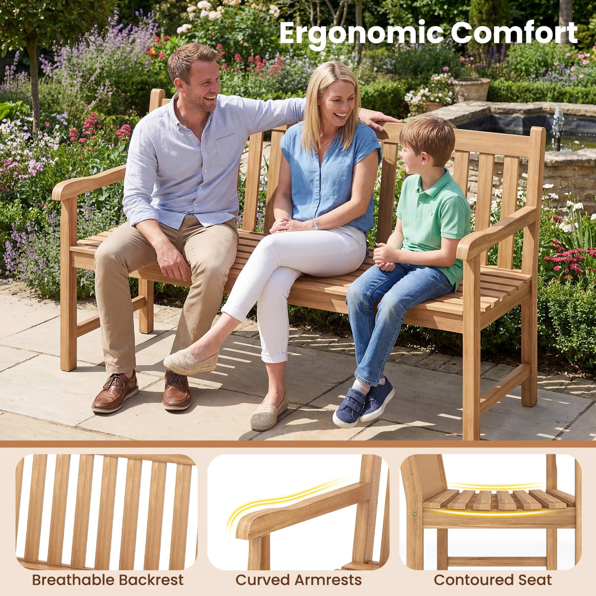 Tangkula 62" Teak Wood Outdoor Bench 3-Seat Solid Wood Garden Patio Bench - Product image 8