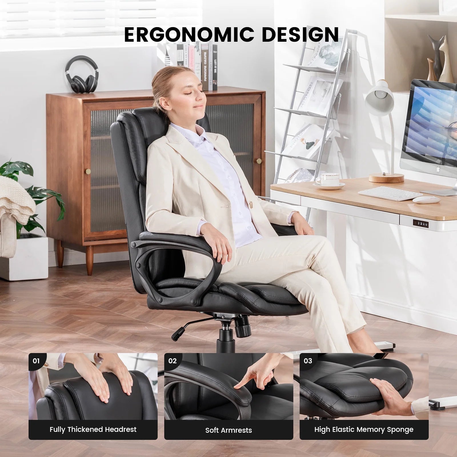 Mainstays Executive Ergonomic High Back Leather Home Office Desk Chair, Black - Product image 9