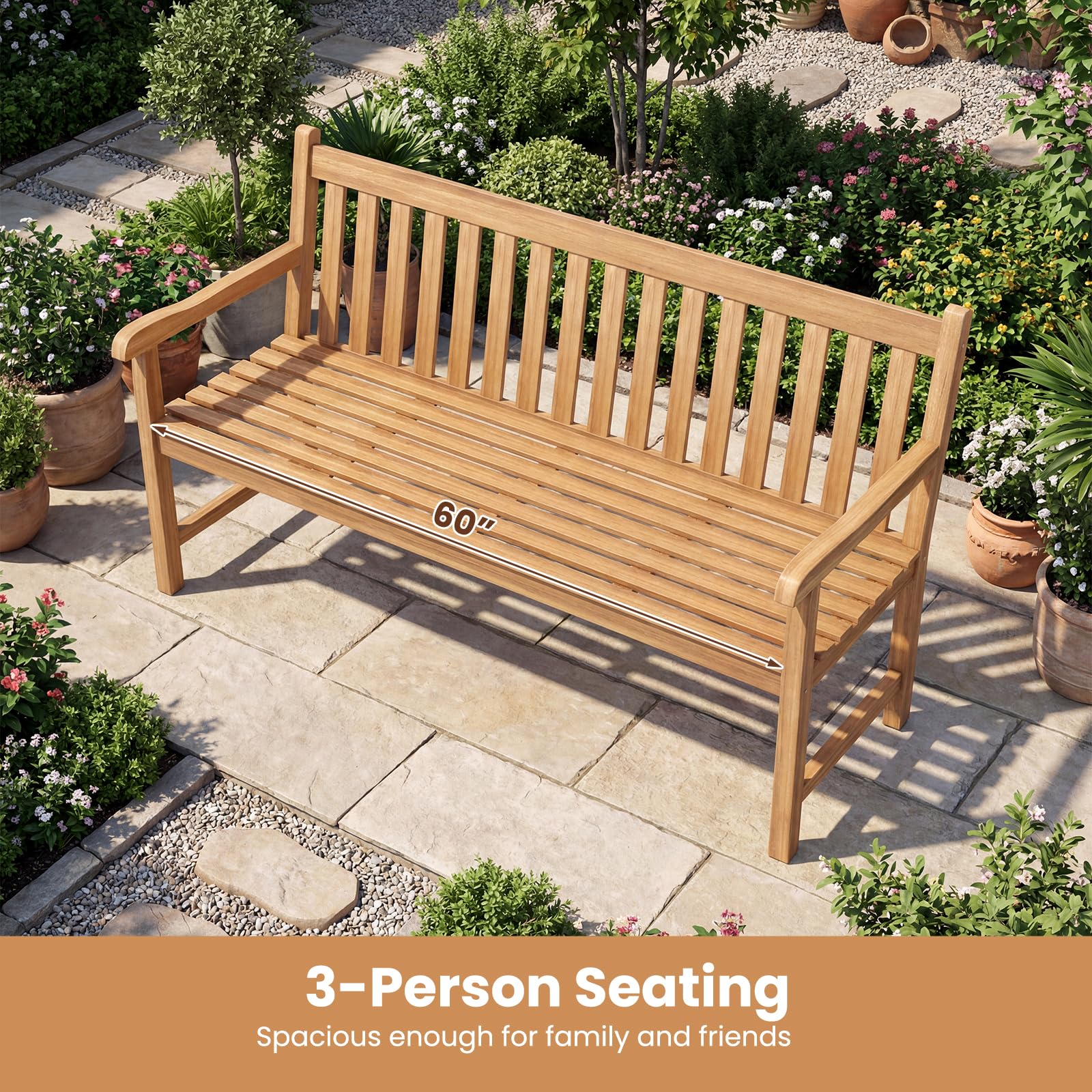 Tangkula 62" Teak Wood Outdoor Bench 3-Seat Solid Wood Garden Patio Bench - Product image 6