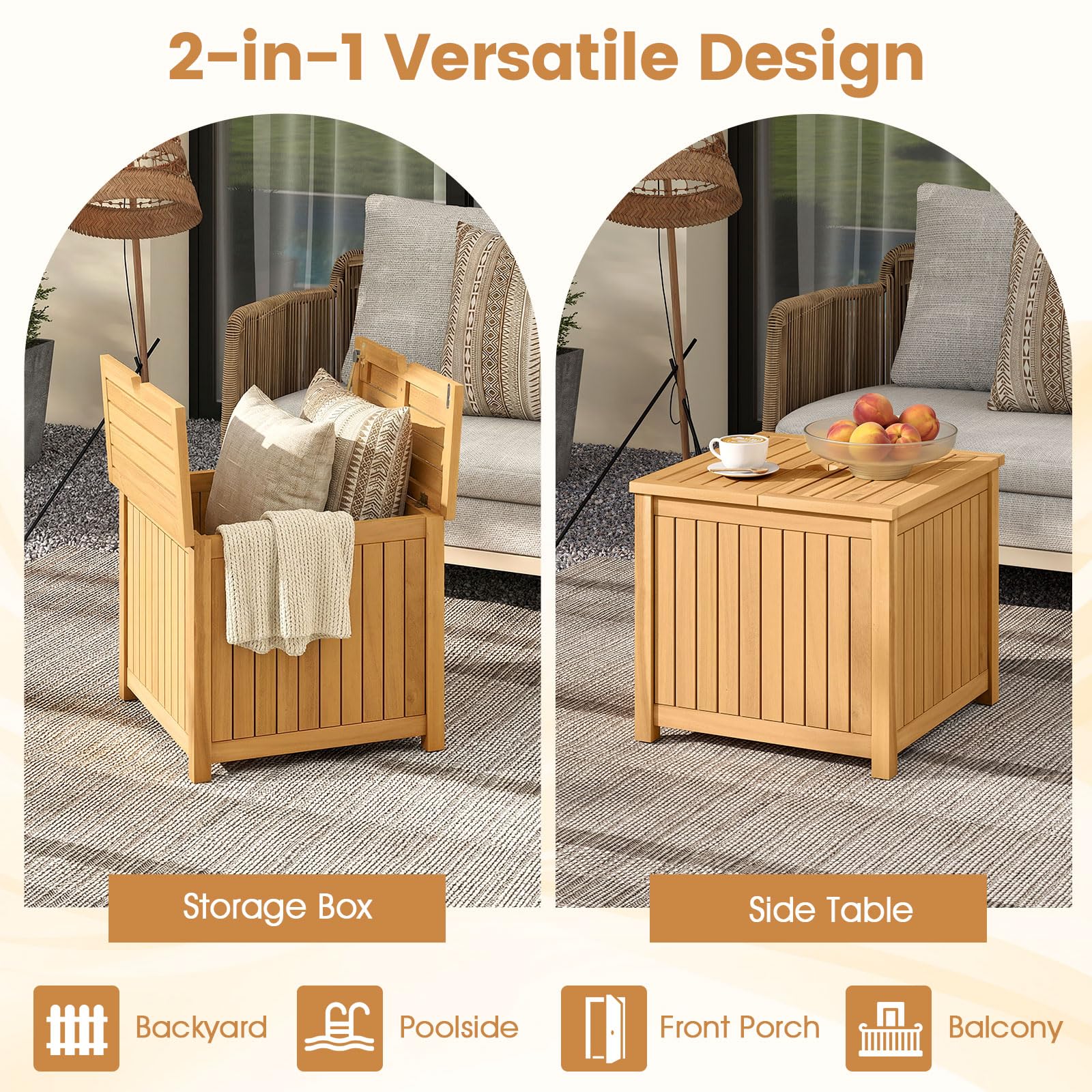 Tangkula 2-in-1 Outdoor Side Table with Storage Acacia Wood Slatted Coffee Table Square Slatted End Storage Box