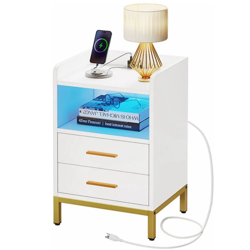 DEXTRUS Side Table with Charging Station, 3 - Drawer LED Light Bedside End Table Nightstand for Bedroom - Product image 1