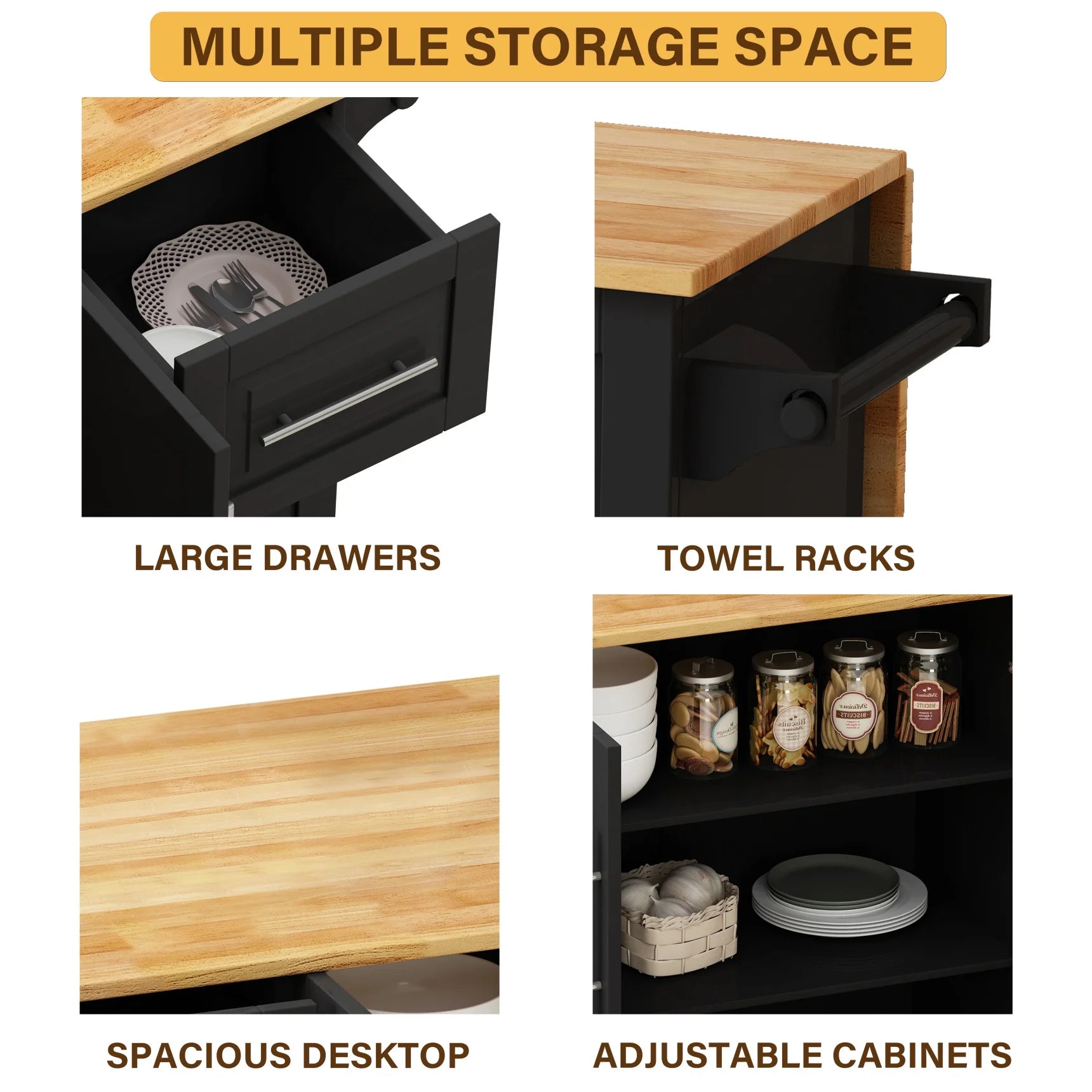 Movable Kitchen Island Cart with 2 Door Cabinet, 2 Drawers and Drop Leaf Top - Product image 11