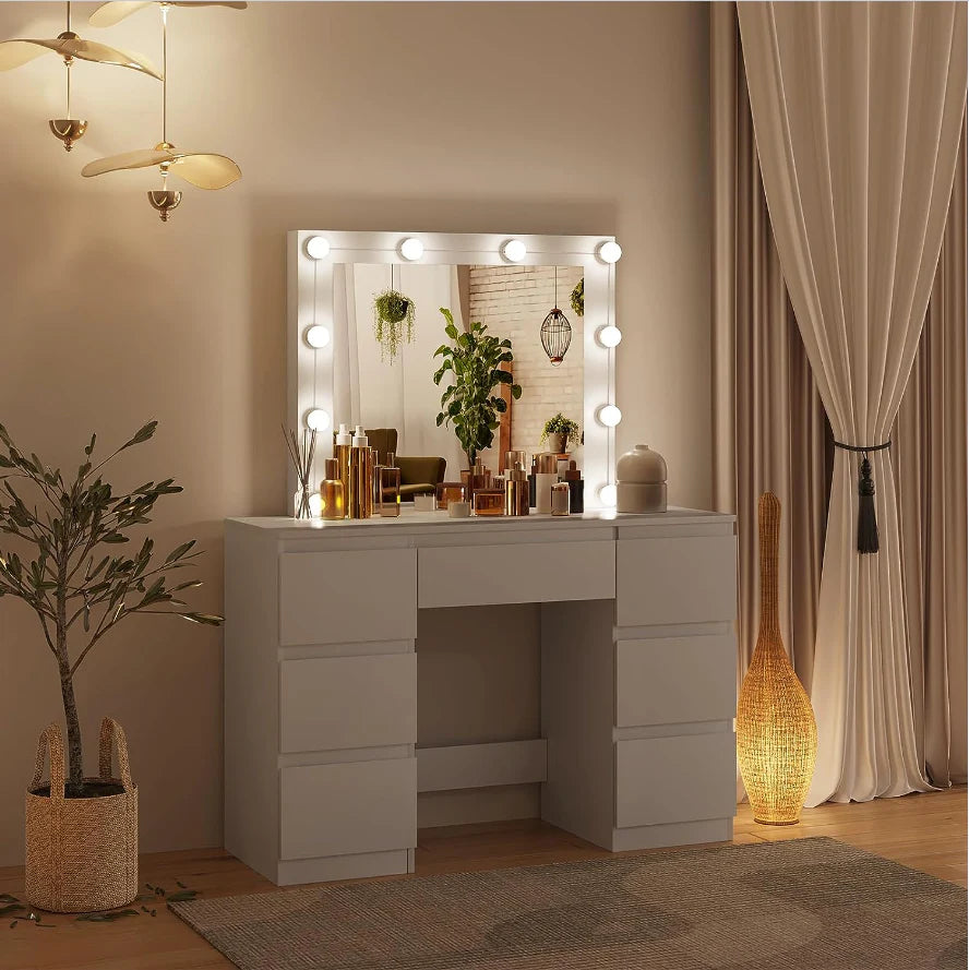 White Dressing Table with LED Mirror - 7 Drawers -