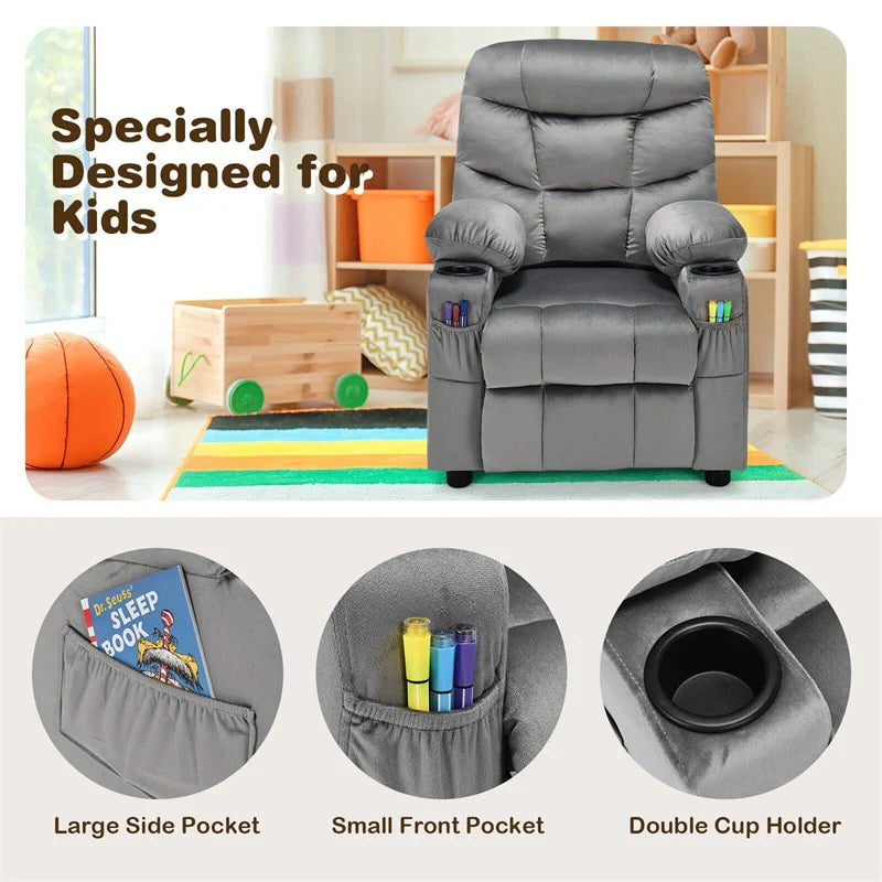 Kids Recliner Chair Adjustable Velvet Lounge Sofa with Cup Holders, 3 Pockets, Retractable Footrest - Product image 19