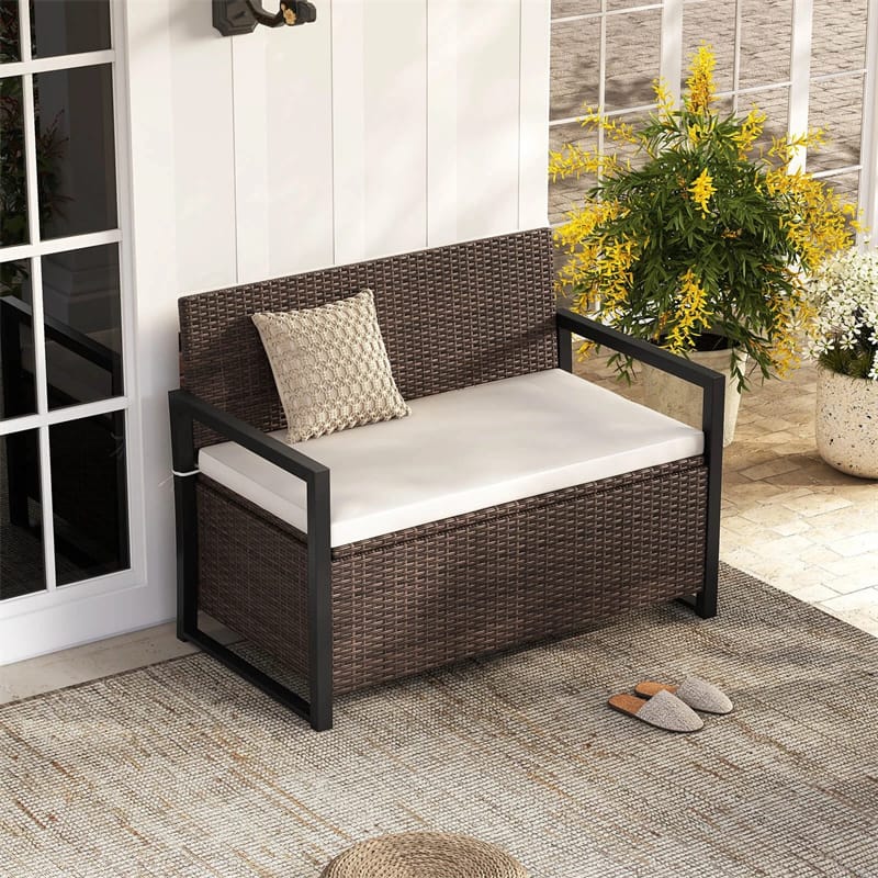 40 Gallon Outdoor Wicker Storage Bench with Cushion & Cover, Metal Frame Patio Deck Box Seat - Product image 10