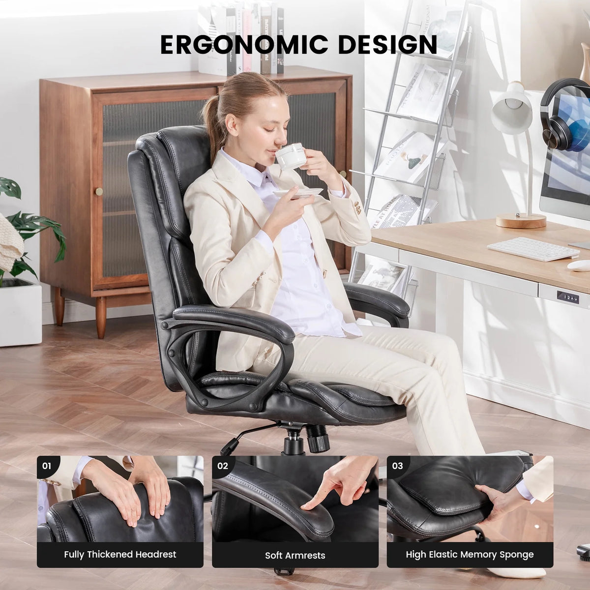 Mainstays Executive Ergonomic High Back Leather Home Office Desk Chair, Black - Product image 31