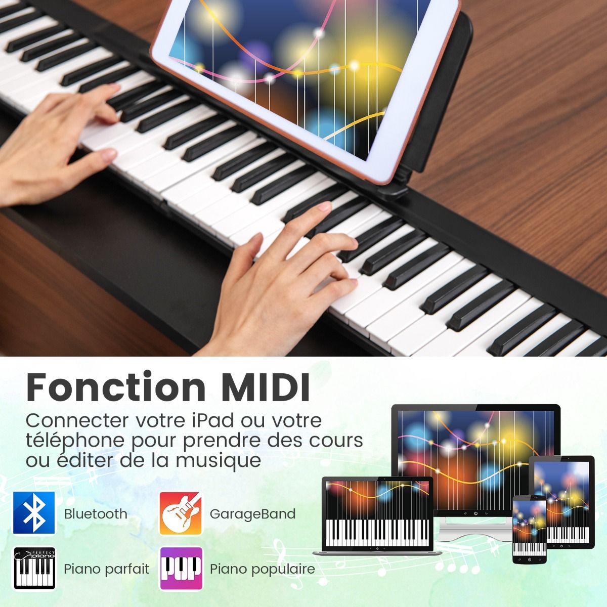 88 Keys Foldable Digital Piano with Bluetooth MIDI Function Portable Electronic Keyboard with Sustain Pedal Carrying Bag -