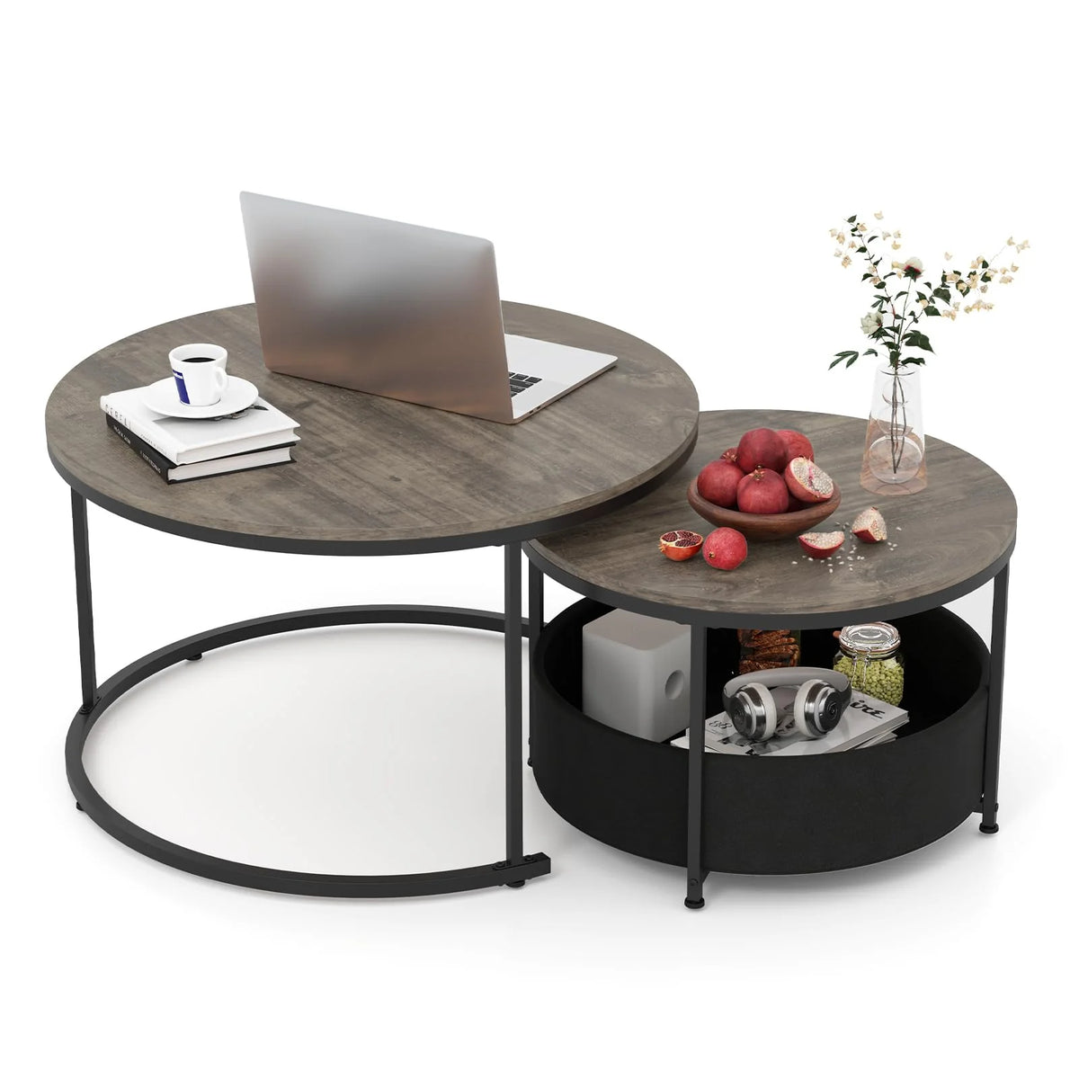 Tangkula Round Nesting Coffee Table Set of 2 with Fabric Storage Basket & Metal Frame - Product image 9
