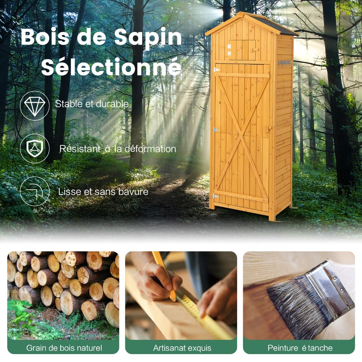 Waterproof Wooden Garden Cabinet with Roof Garden Shed with Foldable Table Shelves and 8 Hooks 75x50x180.5CM -