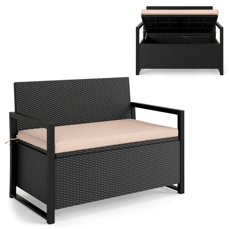 40 Gallon Outdoor Wicker Storage Bench with Cushion & Cover, Metal Frame Patio Deck Box Seat - Product image 11