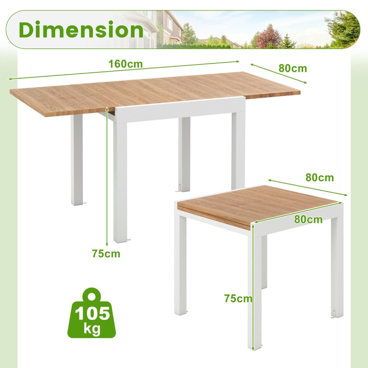 Extendable Aluminum Garden Table Adjustable from 80 to 160 CM Rectangular Dining Table for 4-6 People Grey/Natural -