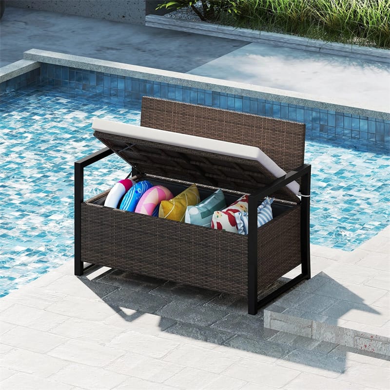 40 Gallon Outdoor Wicker Storage Bench with Cushion & Cover, Metal Frame Patio Deck Box Seat - Product image 2