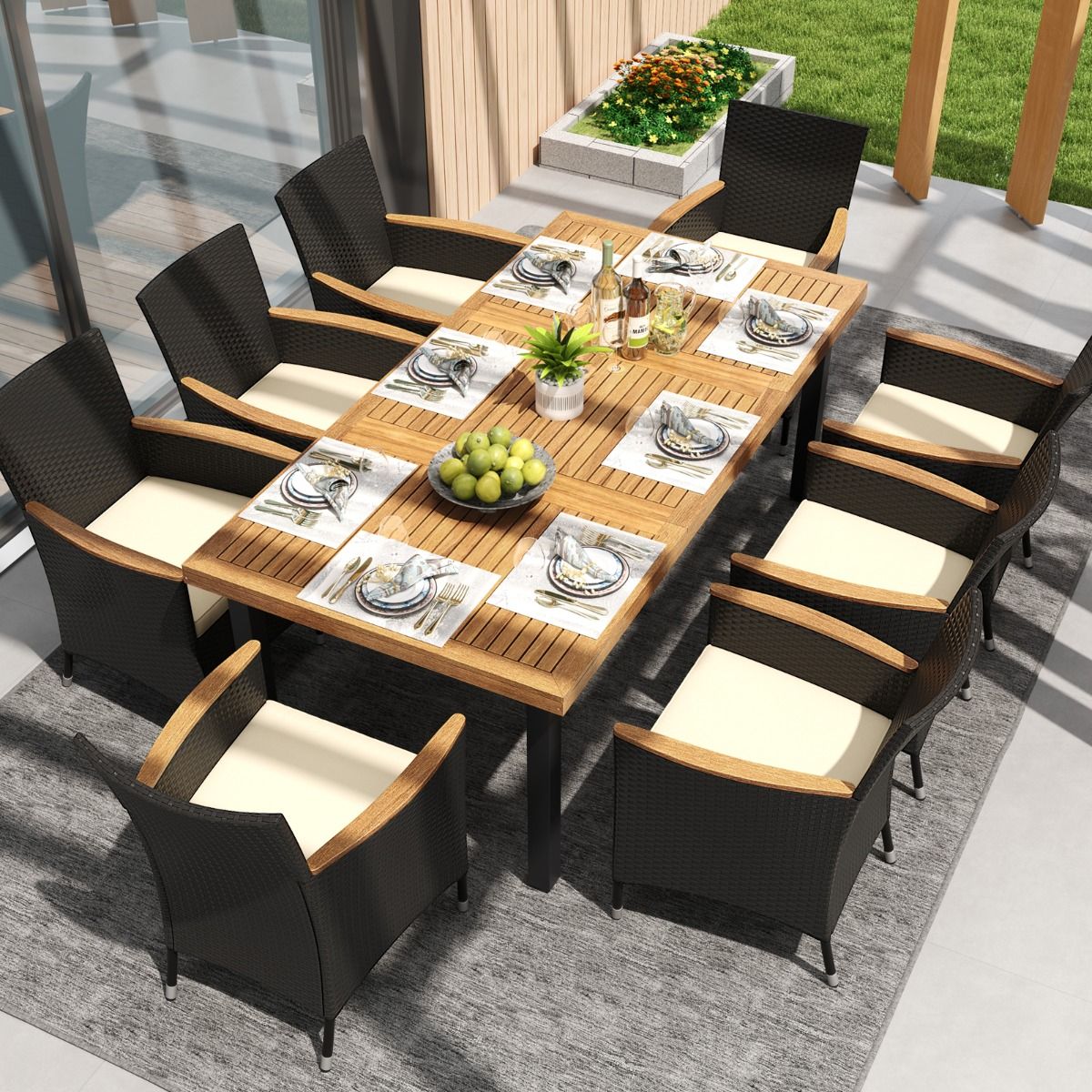 200 CM Garden Table for 8 People Outdoor Table in Acacia Wood with Parasol Hole Dia.5 CM Slat Design Metal Feet -
