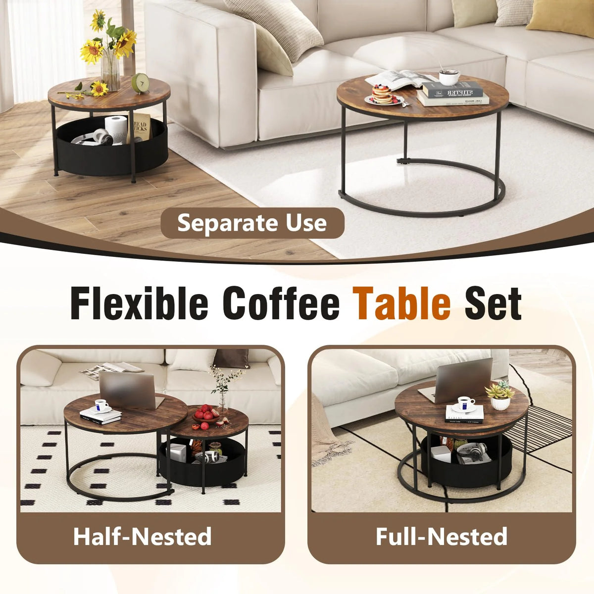 Tangkula Round Nesting Coffee Table Set of 2 with Fabric Storage Basket & Metal Frame - Product image 5