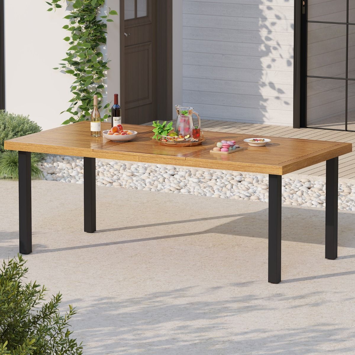 200 CM Garden Table for 8 People Outdoor Table in Acacia Wood with Parasol Hole Dia.5 CM Slat Design Metal Feet -
