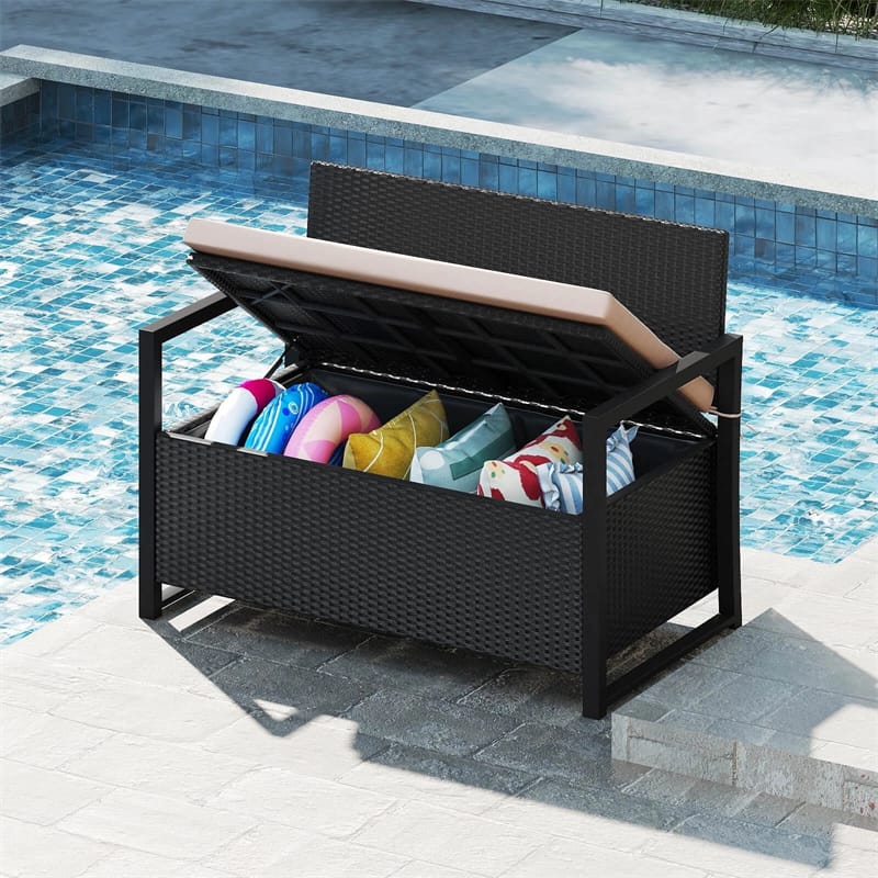 40 Gallon Outdoor Wicker Storage Bench with Cushion & Cover, Metal Frame Patio Deck Box Seat - Product image 12
