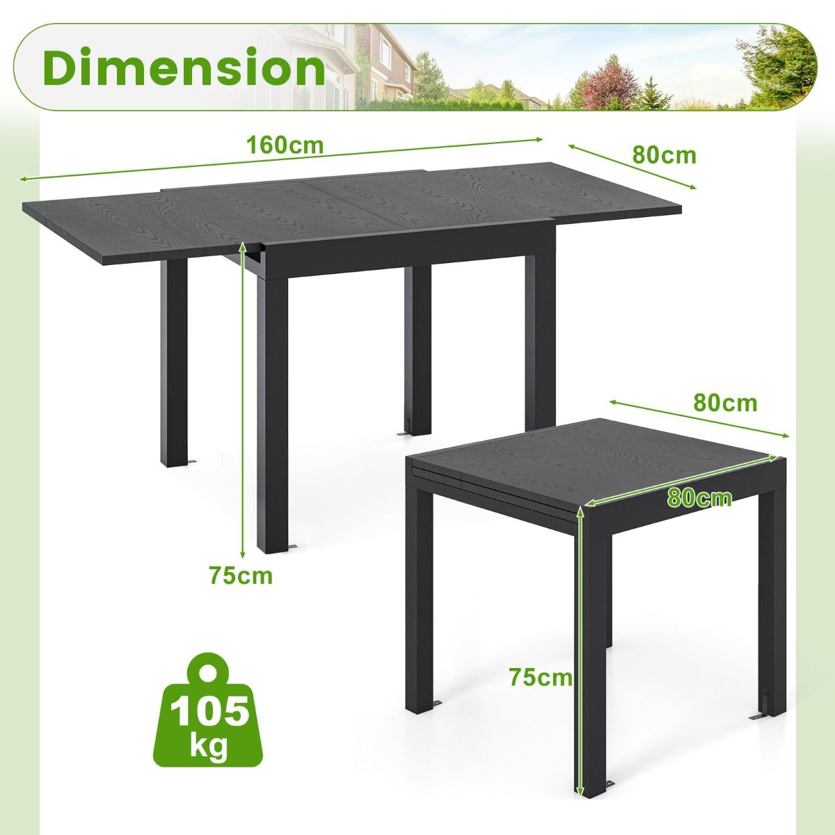 Extendable Aluminum Garden Table Adjustable from 80 to 160 CM Rectangular Dining Table for 4-6 People Grey/Natural -