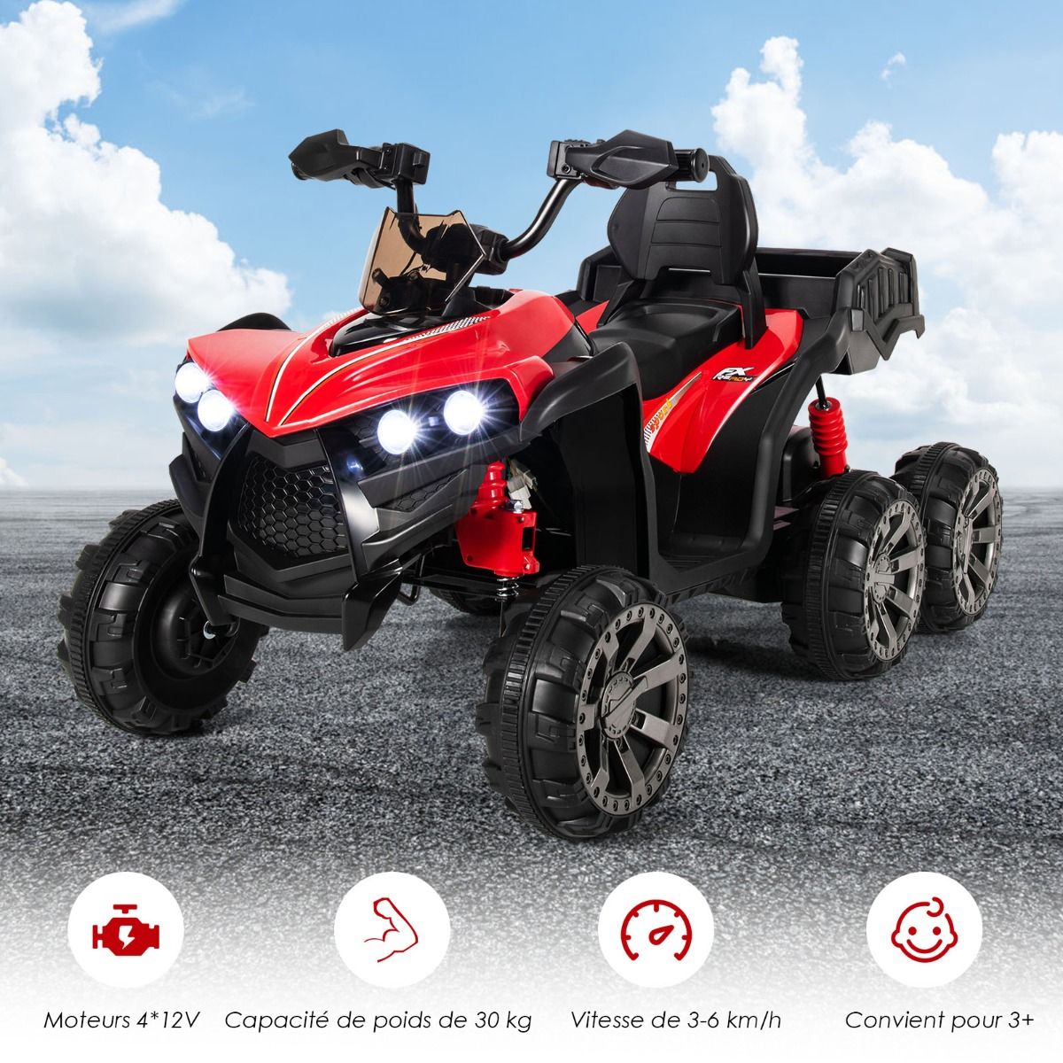 12V Children's Electric Quad with LED Lights and Music Children's Electric Vehicle with Slow Start Load 30kg 129 x 69 x 72 cm Black/Red -