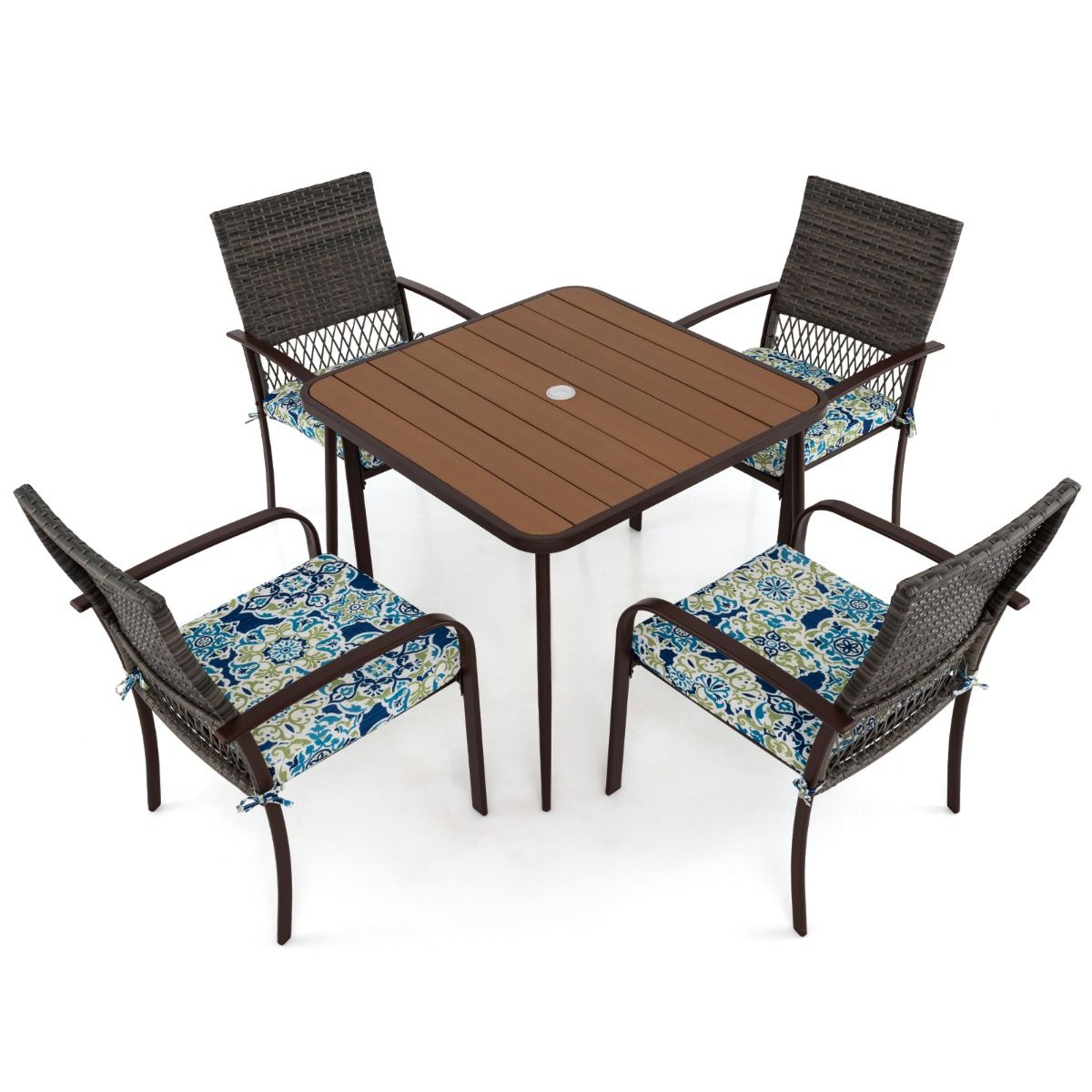 5 Piece Patio Furniture Set Garden Furniture 4 Rattan Armchairs with Cushions and Square Table with Umbrella Hole -