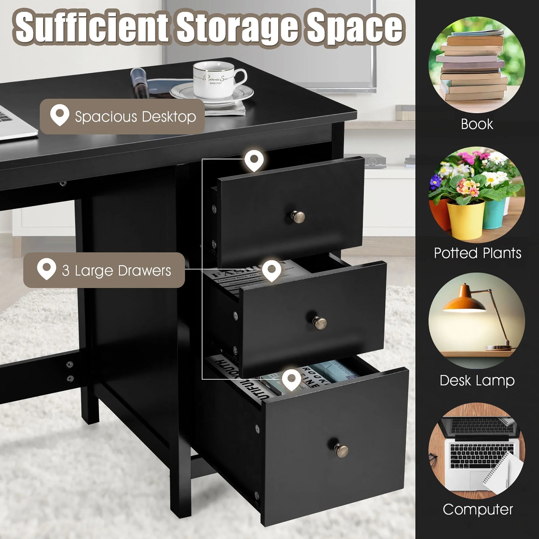 Computer Desk Study Writing Desk Home Office Workstation with 3 Drawers Black - Product image 7