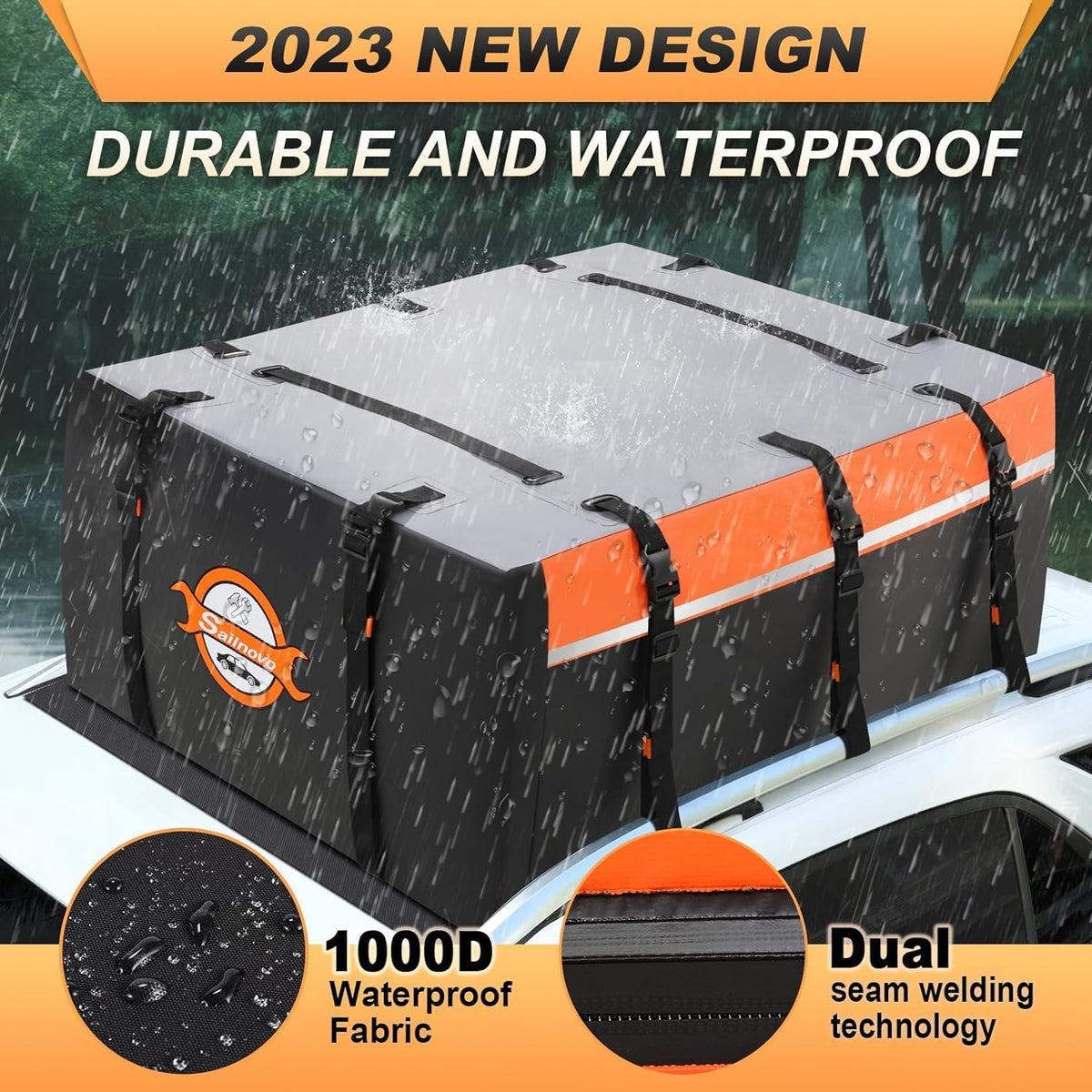 Sailnovo 0.6m³ Soft Roof Box with Anti-Slip Mat + 6 Door Hooks, Waterproof PVC Car Roof Bag with/without Luggage Rack, Black