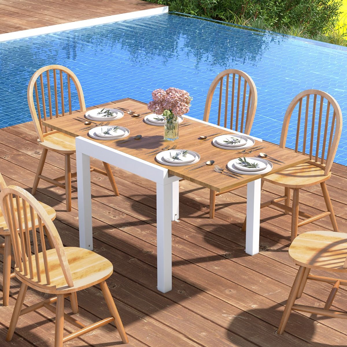 Extendable Aluminum Garden Table Adjustable from 80 to 160 CM Rectangular Dining Table for 4-6 People Grey/Natural -
