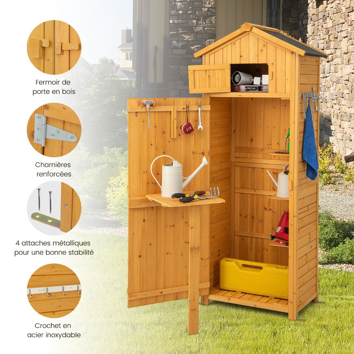Waterproof Wooden Garden Cabinet with Roof Garden Shed with Foldable Table Shelves and 8 Hooks 75x50x180.5CM -
