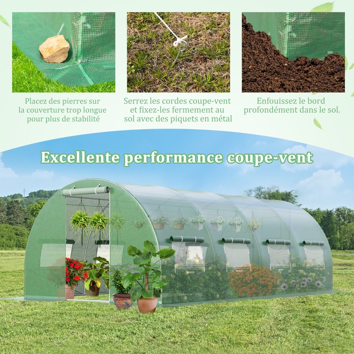 Tunnel Greenhouse Heavy Duty Galvanized Steel Frame Windproof Tunnel Greenhouse with Hoop 8 Roll Up Windows Green -