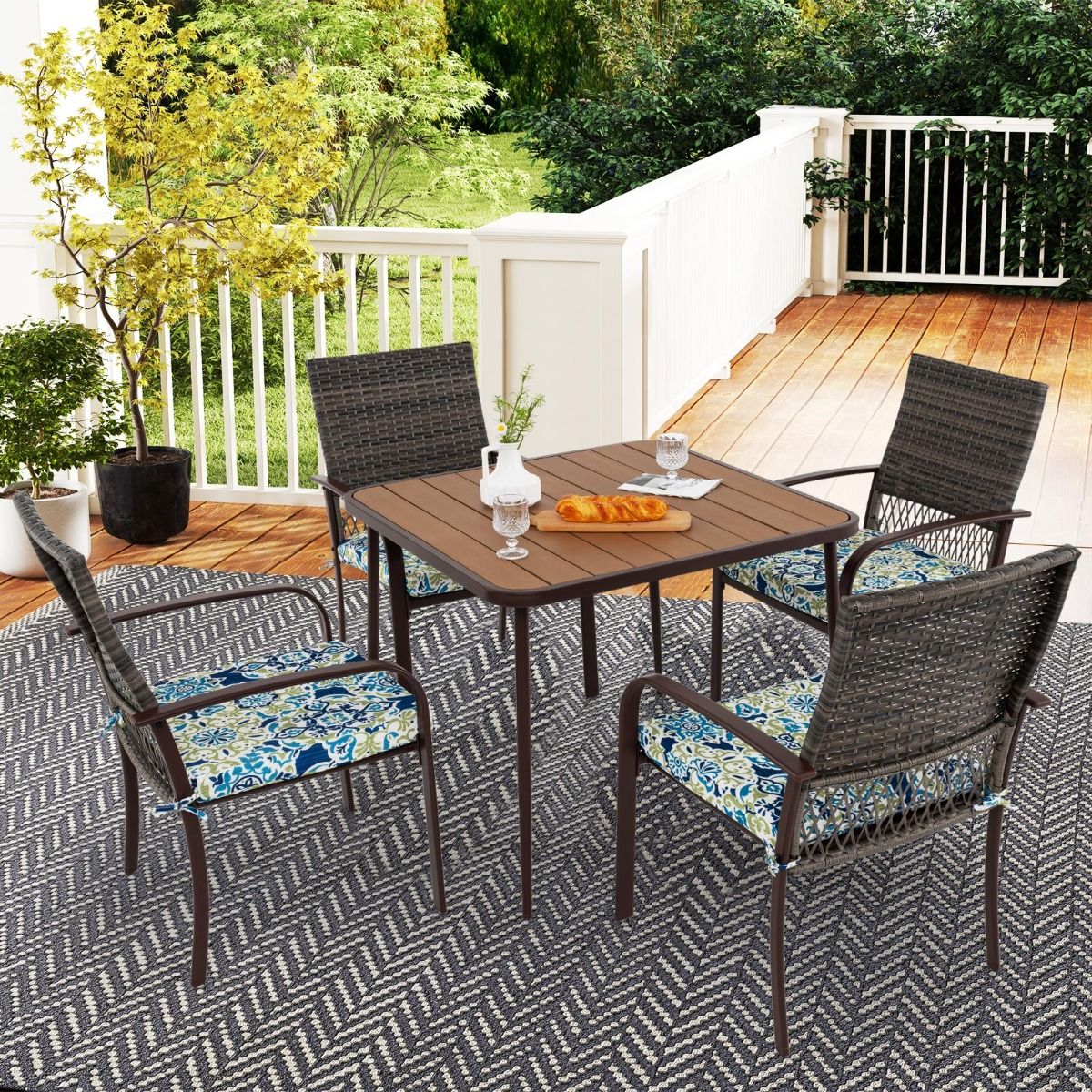 5 Piece Patio Furniture Set Garden Furniture 4 Rattan Armchairs with Cushions and Square Table with Umbrella Hole -