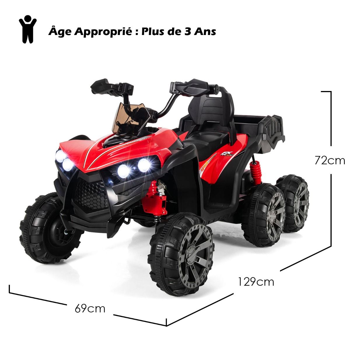 12V Children's Electric Quad with LED Lights and Music Children's Electric Vehicle with Slow Start Load 30kg 129 x 69 x 72 cm Black/Red -