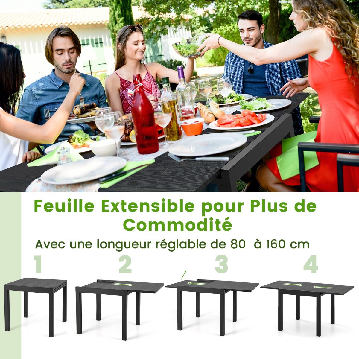 Extendable Aluminum Garden Table Adjustable from 80 to 160 CM Rectangular Dining Table for 4-6 People Grey/Natural -