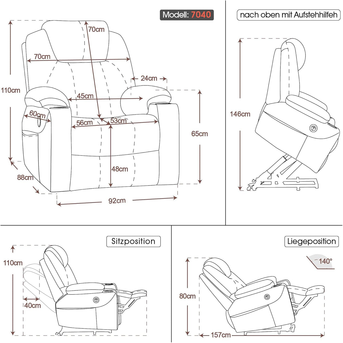 MCombo electric tie-down aid, TV armchair, Relaxing armchair, Massage, Heating, Electrically adjustable USB connection, Faux leather, Black