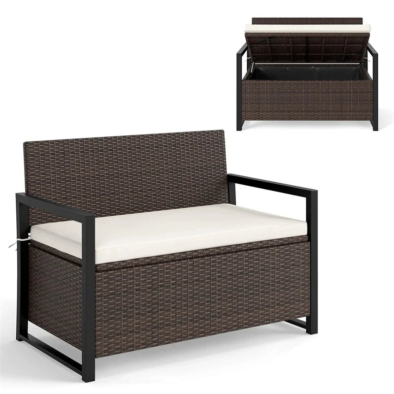 40 Gallon Outdoor Wicker Storage Bench with Cushion & Cover, Metal Frame Patio Deck Box Seat - Product image 1