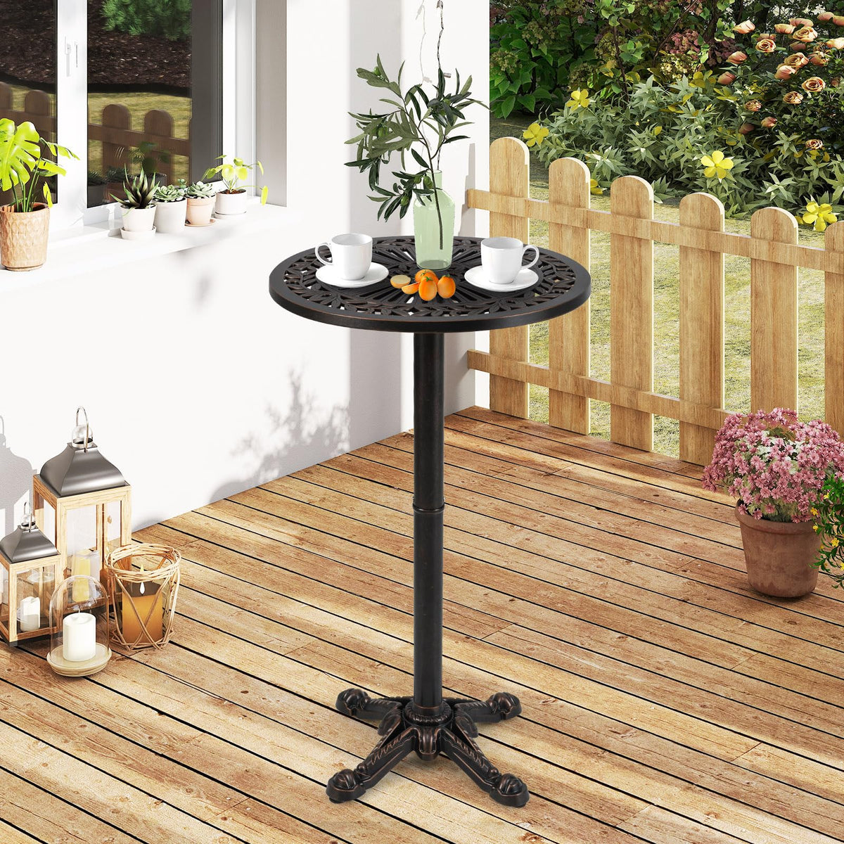 Tangkula 24" Outdoor Round Bar Table Cast Aluminum Heavy Duty Patio High Table with Stable Cross-Shaped Base