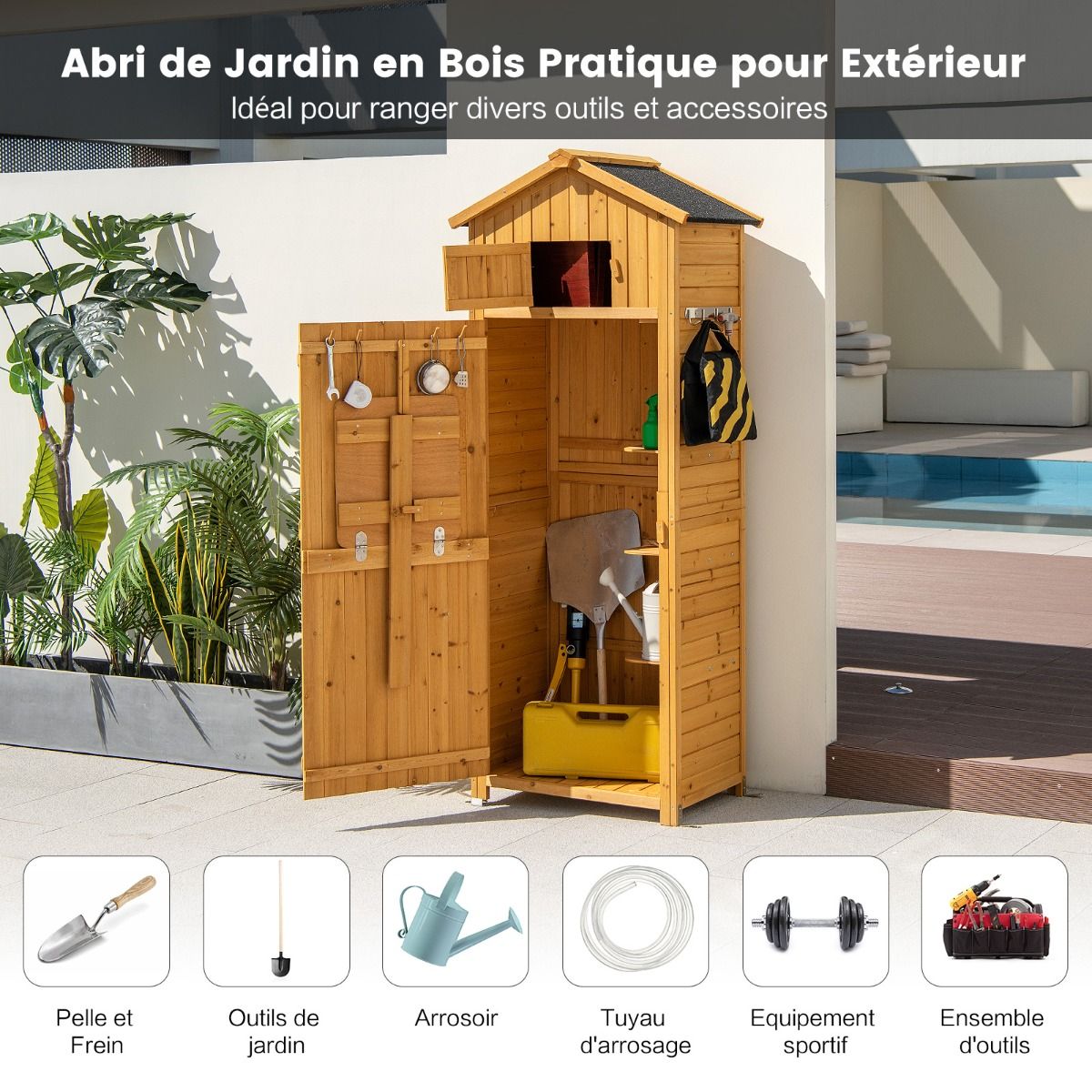 Waterproof Wooden Garden Cabinet with Roof Garden Shed with Foldable Table Shelves and 8 Hooks 75x50x180.5CM -