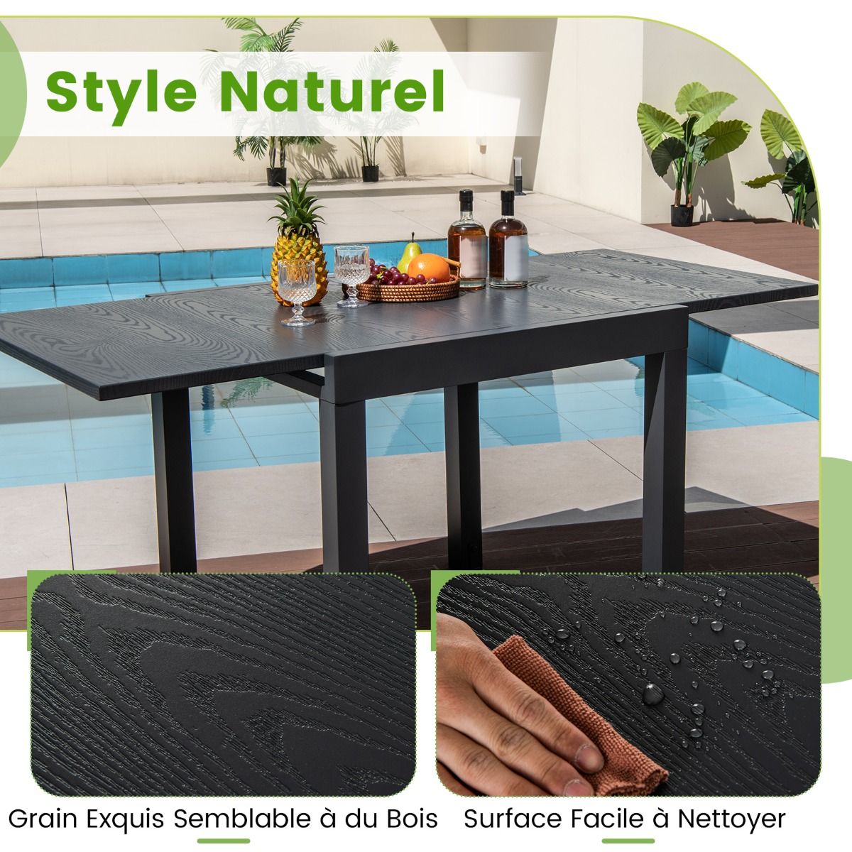 Extendable Aluminum Garden Table Adjustable from 80 to 160 CM Rectangular Dining Table for 4-6 People Grey/Natural -