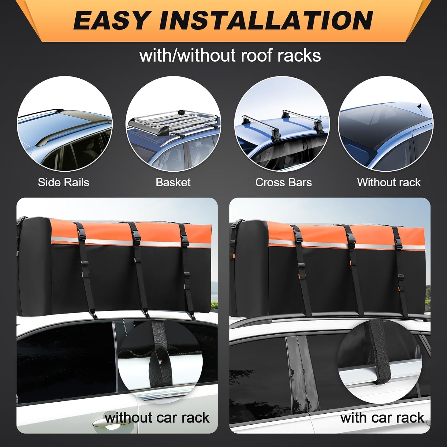 Sailnovo 0.6m³ Soft Roof Box with Anti-Slip Mat + 6 Door Hooks, Waterproof PVC Car Roof Bag with/without Luggage Rack, Black