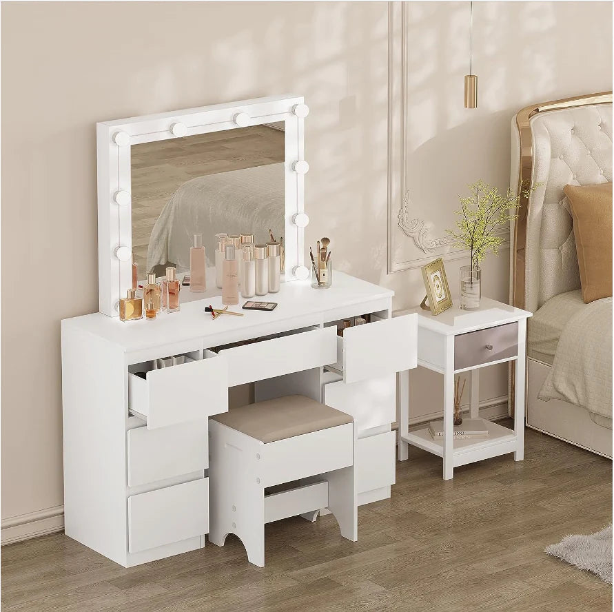 White Dressing Table with LED Mirror - 7 Drawers -