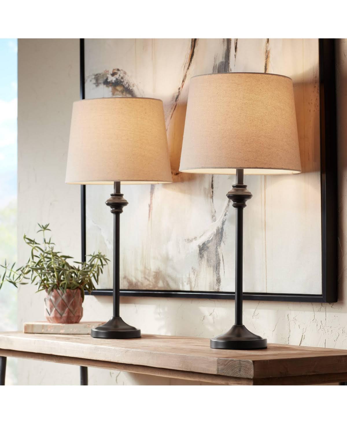 360 Lighting Modern Buffet Table Lamps Set of 2 Bronze Metal Oatmeal Fabric Drum Shade for Dining Room - Product image 1