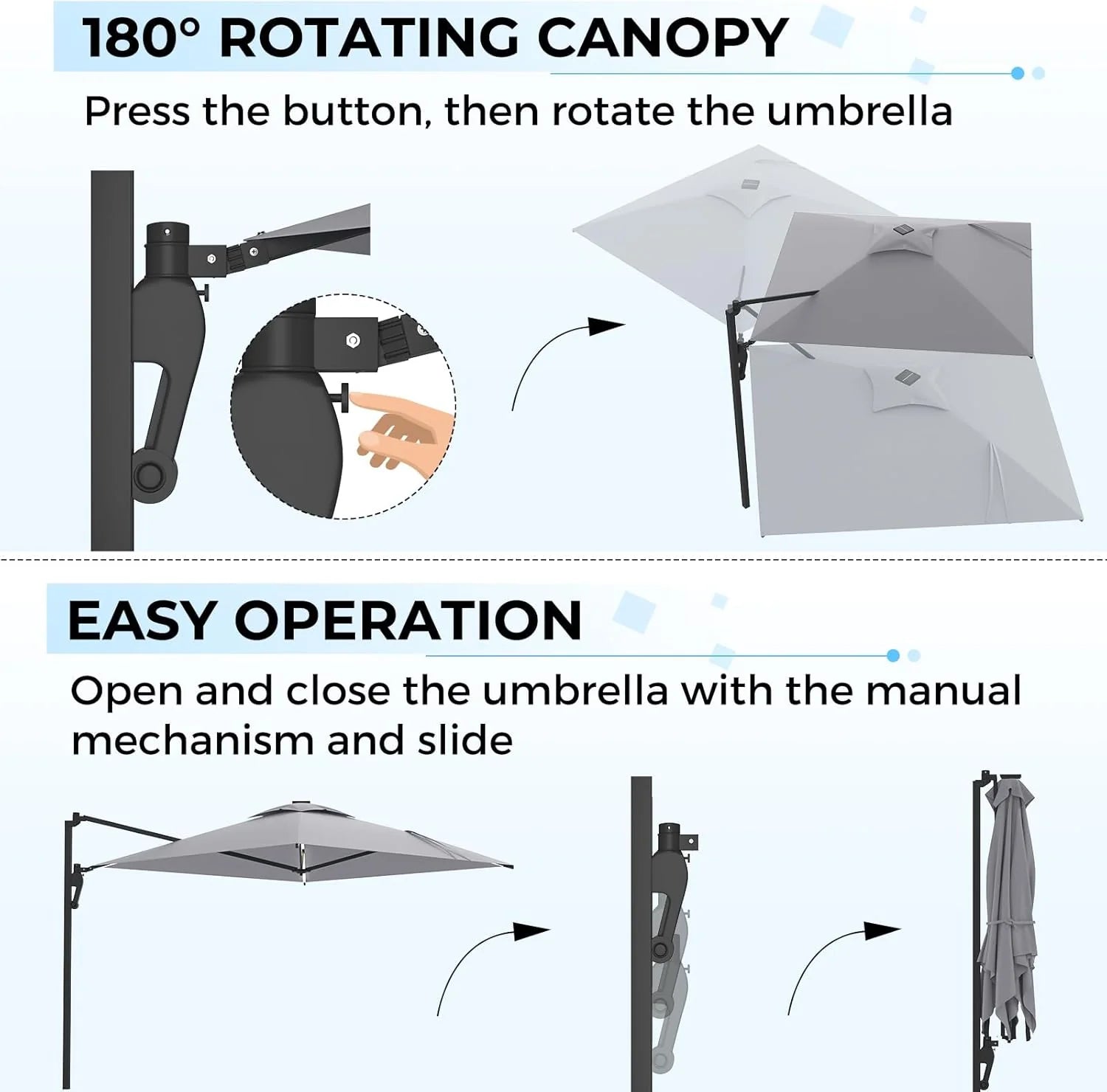 AECOJOY 10FT Large Patio Umbrella with Solar Lights, Rectangle Wall Mounted Outdoor Patio Umbrella, Grey - Product image 5