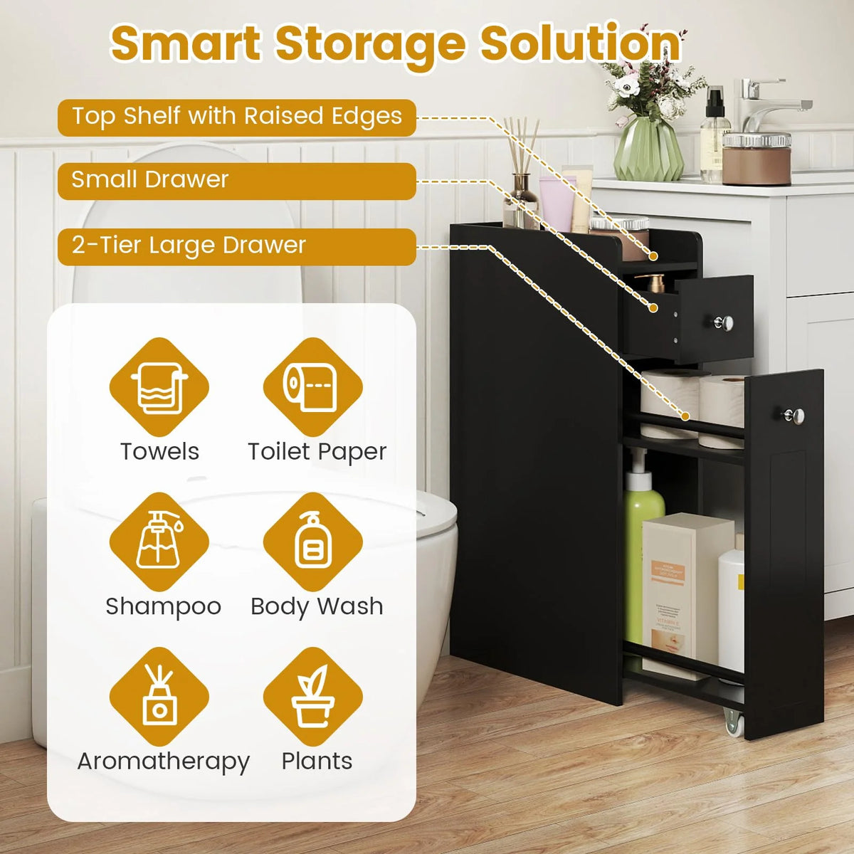 Tangkula Small Bathroom Storage Cabinet 4-Tier with Slide Out Drawers on Casters - Product image 8