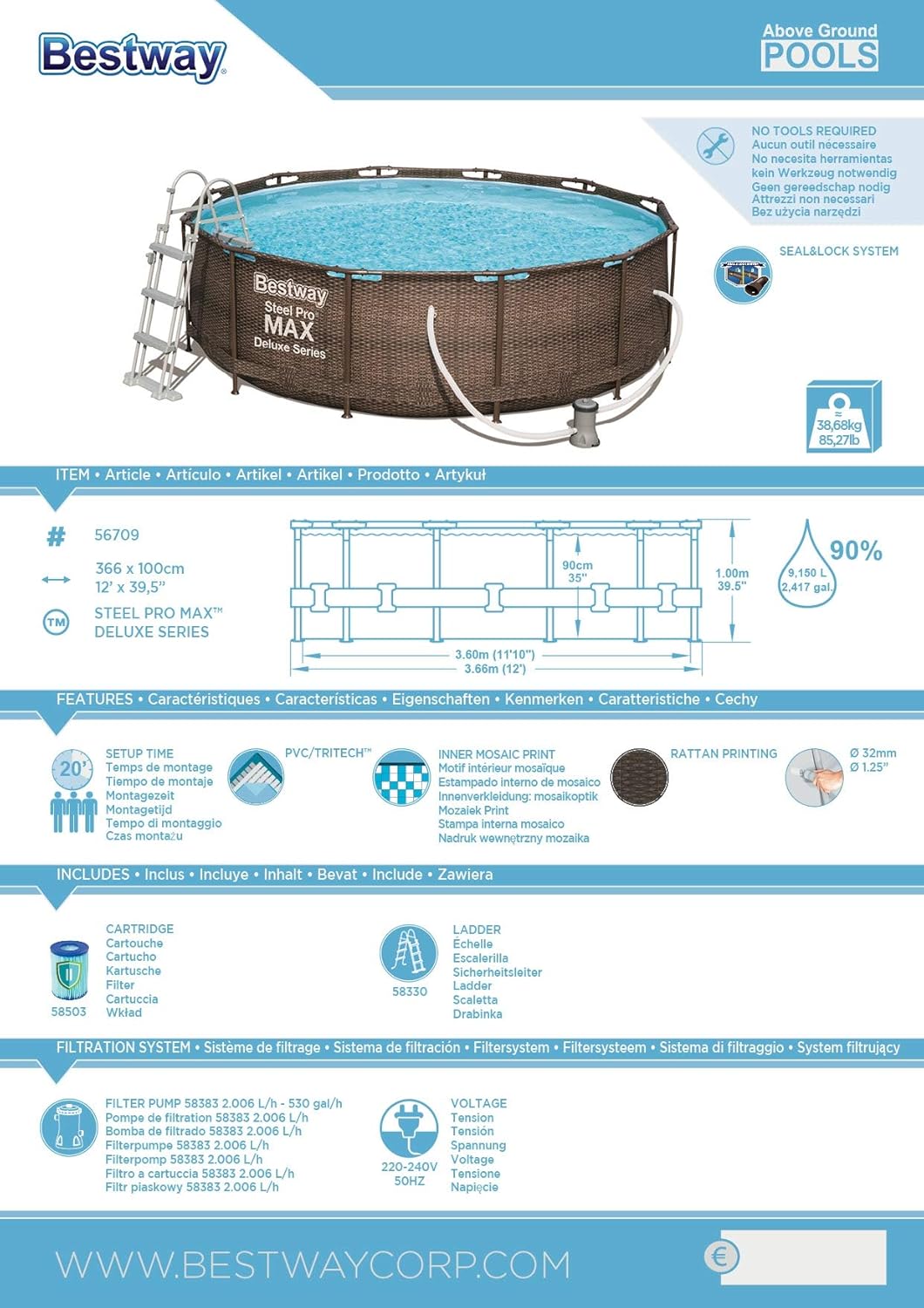 Power Steel Deluxe Round Tubular Swimming Pool with Solid Steel Frame Complete Kit Rattan Look 366 x 100 cm,Brown