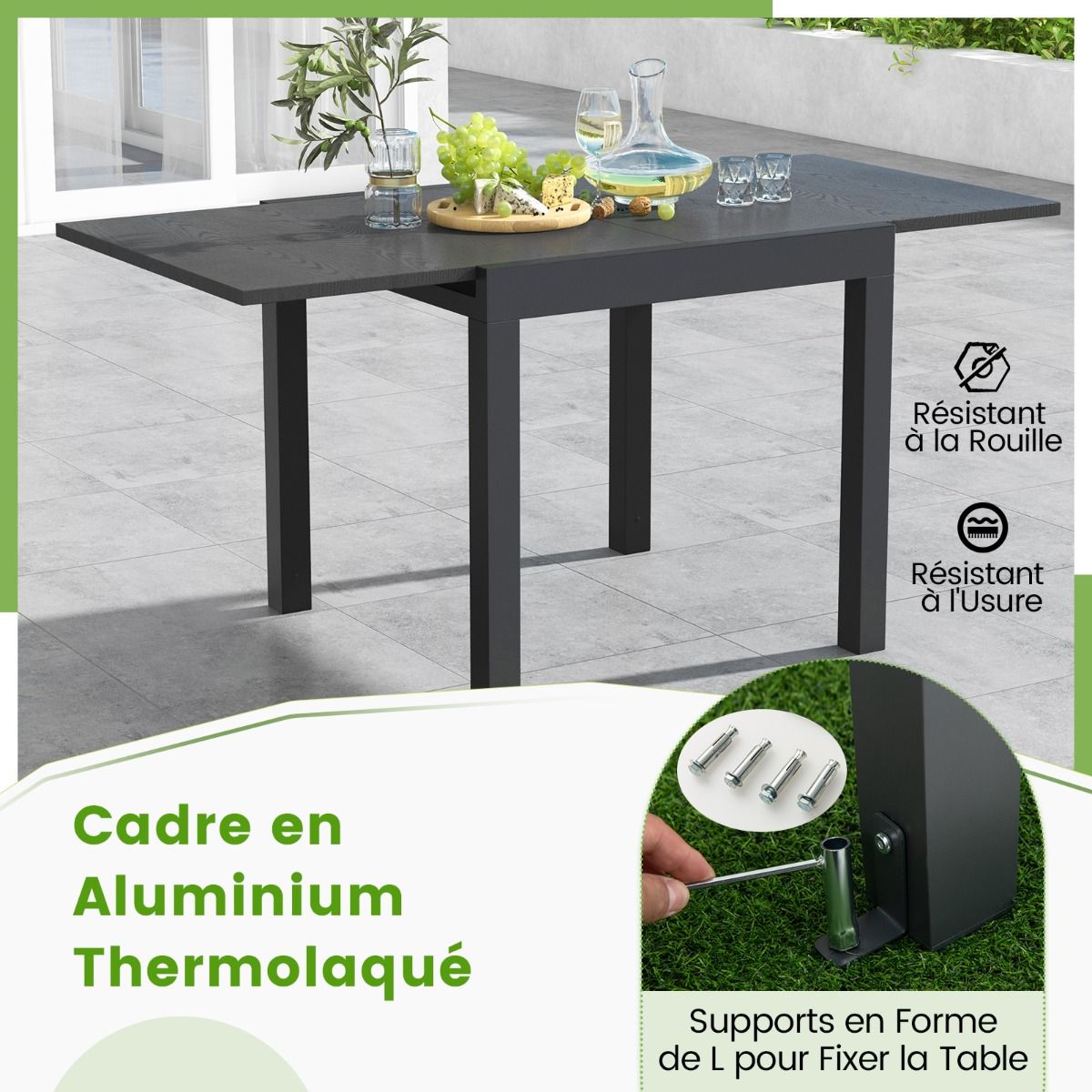 Extendable Aluminum Garden Table Adjustable from 80 to 160 CM Rectangular Dining Table for 4-6 People Grey/Natural -