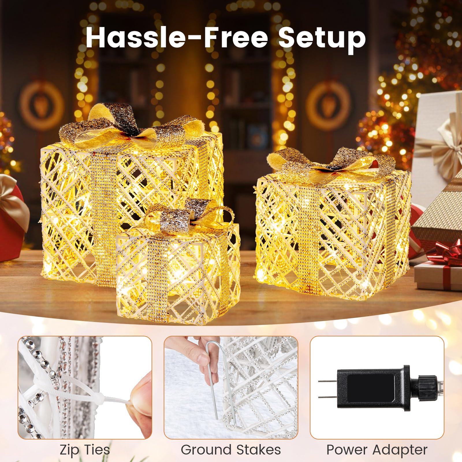 Tangkukla 3 Pack Christmas Lighted Gift Box, Pre-Lit Festive Boxes w/ 50 LED Lights - Product image 5