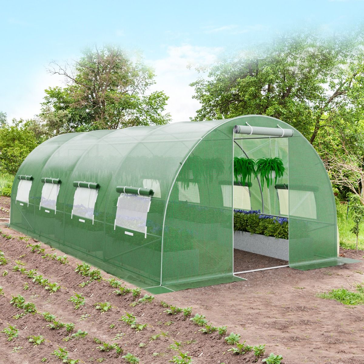 Tunnel Greenhouse Heavy Duty Galvanized Steel Frame Windproof Tunnel Greenhouse with Hoop 8 Roll Up Windows Green -
