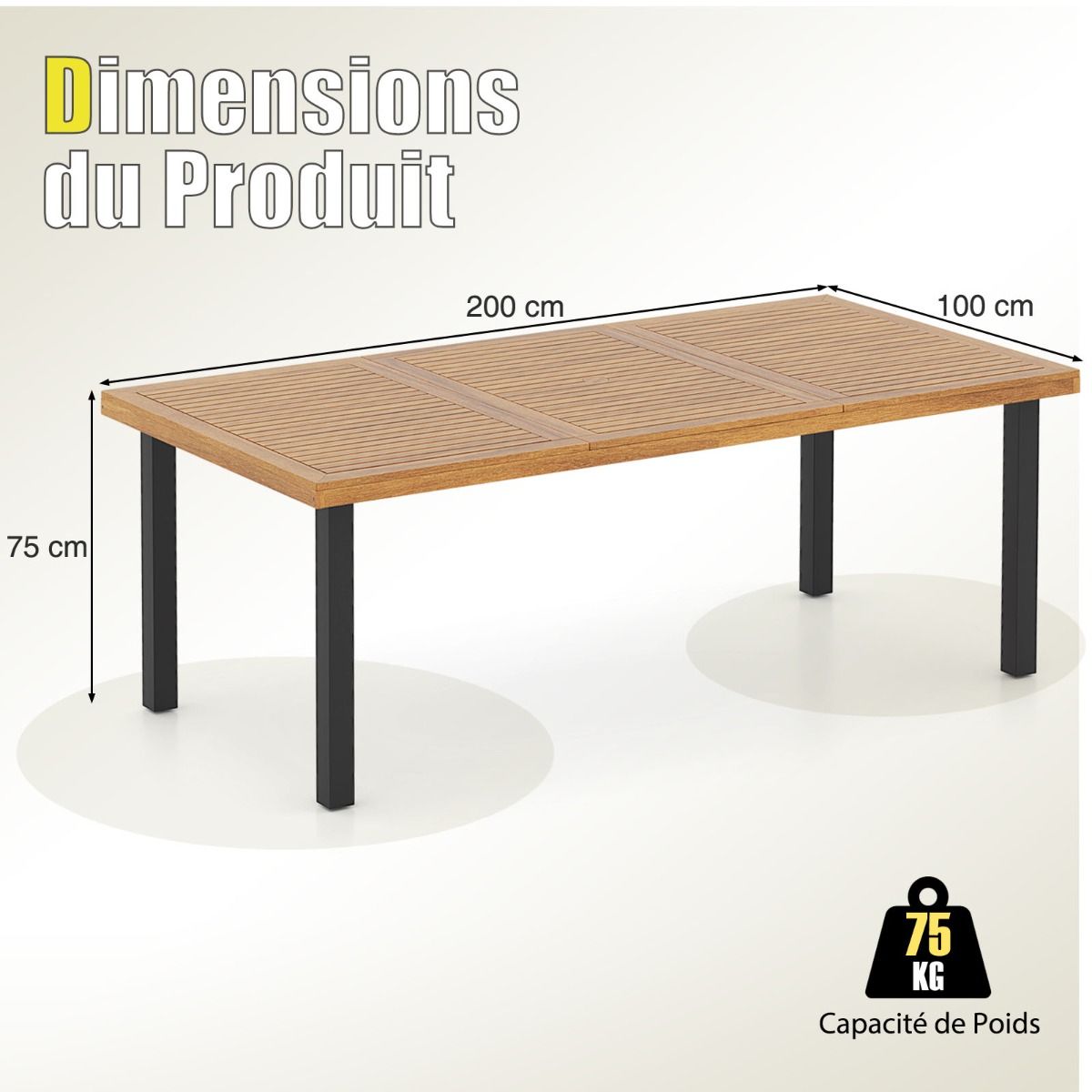 200 CM Garden Table for 8 People Outdoor Table in Acacia Wood with Parasol Hole Dia.5 CM Slat Design Metal Feet -