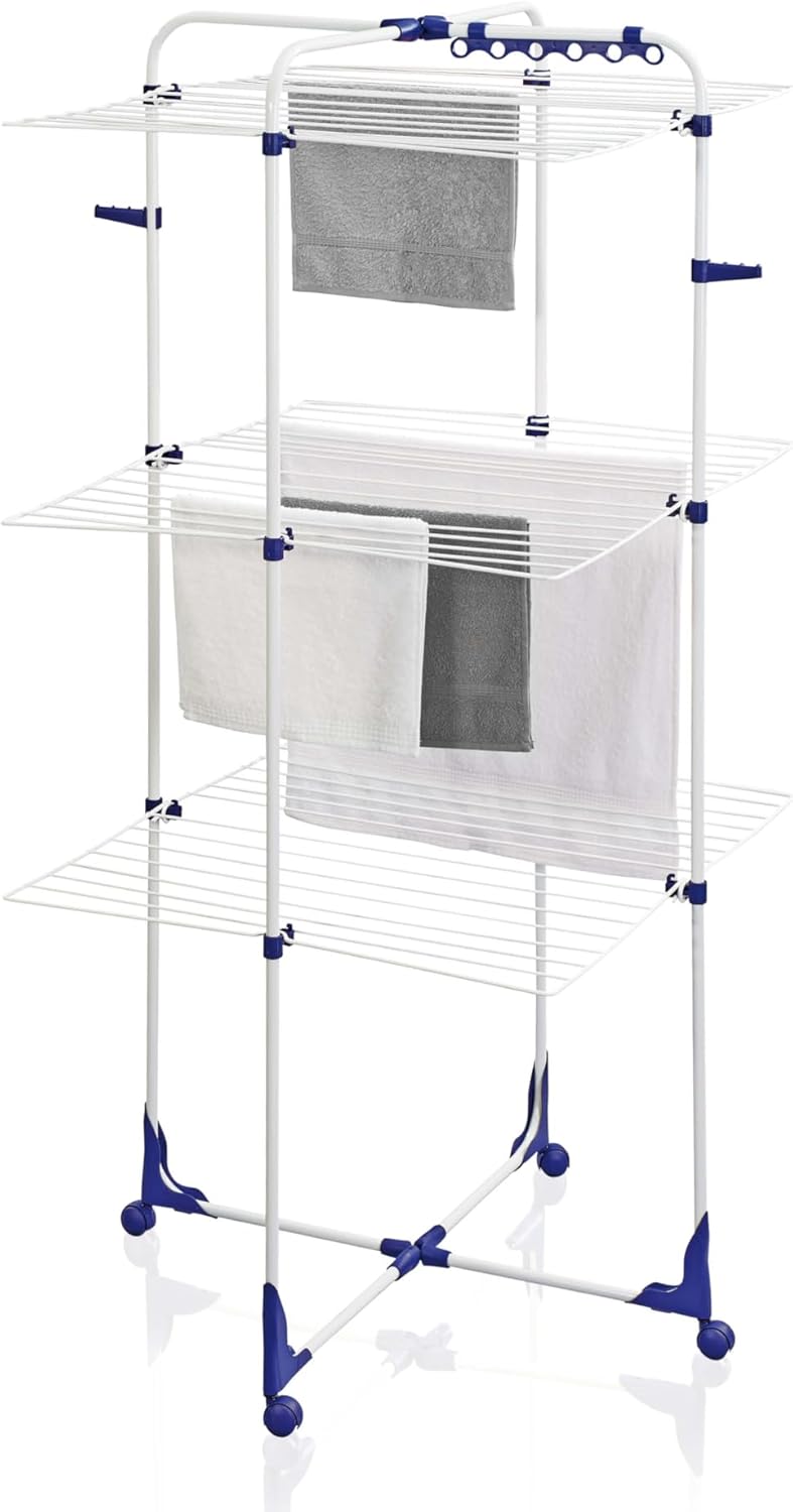 Leifheit Drying Tower Classic Tower 340, 3-Tier Folding Clothes Drying Rack, 34 m Tower Clothes Dryer with Folding Frames & 360° Casters