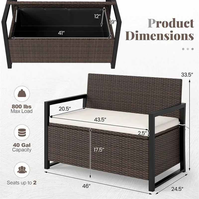 40 Gallon Outdoor Wicker Storage Bench with Cushion & Cover, Metal Frame Patio Deck Box Seat - Product image 8