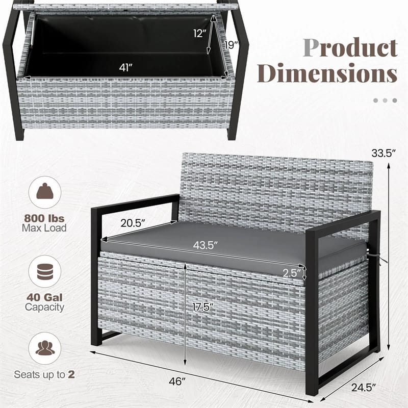 40 Gallon Outdoor Wicker Storage Bench with Cushion & Cover, Metal Frame Patio Deck Box Seat - Product image 24