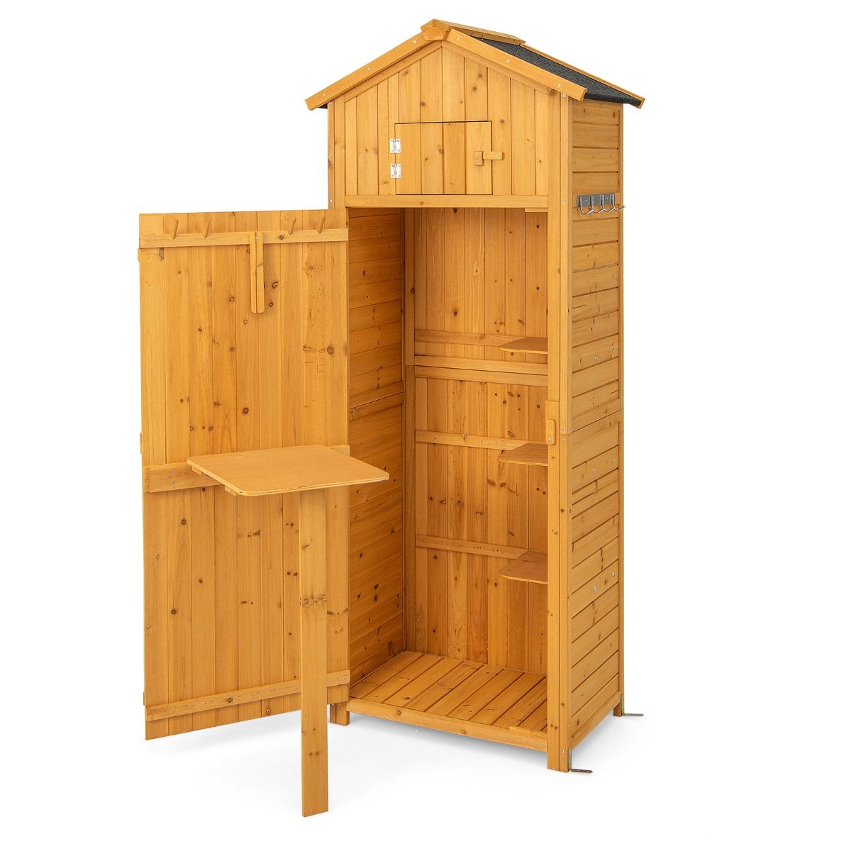 Waterproof Wooden Garden Cabinet with Roof Garden Shed with Foldable Table Shelves and 8 Hooks 75x50x180.5CM -